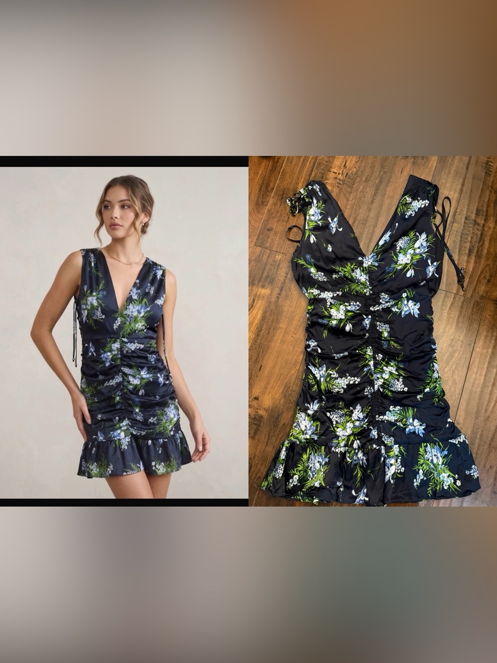 Veronica Beard Sean Silk Floral Ruched Mini Dress Black & Blue EUC Size 6